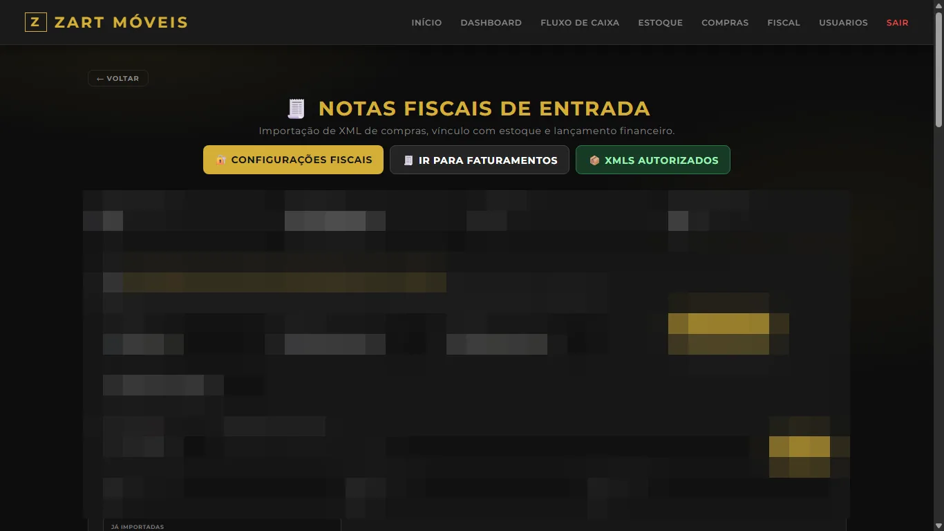 Tela demonstrativa de notas fiscais de entrada