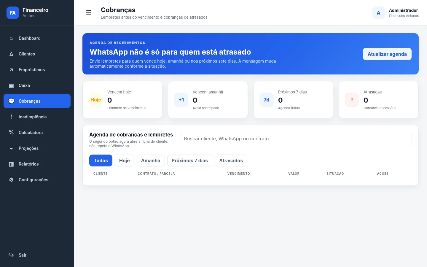 Tela de cobranças do Financeiro Antunes